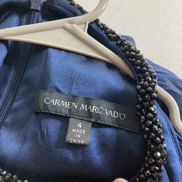 Carmen Marc Valvo Navy Blue Beaded Halter Silk Dress Size 4 Wedding Red Carpet - Picture 5 of 13